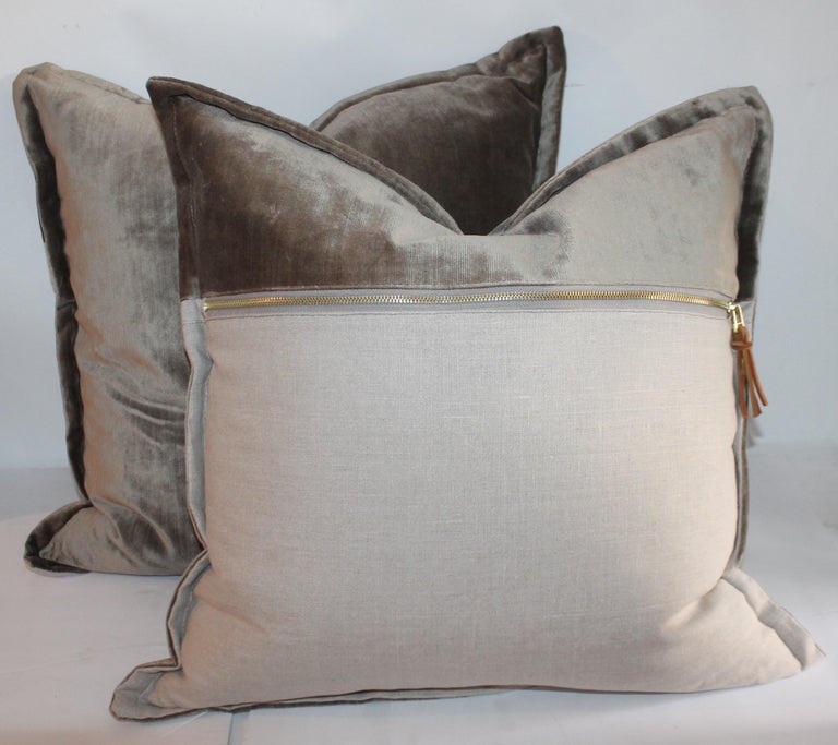 Sage Green / Grey Silk Velvet Pillows, Pair For Sale at 1stDibs