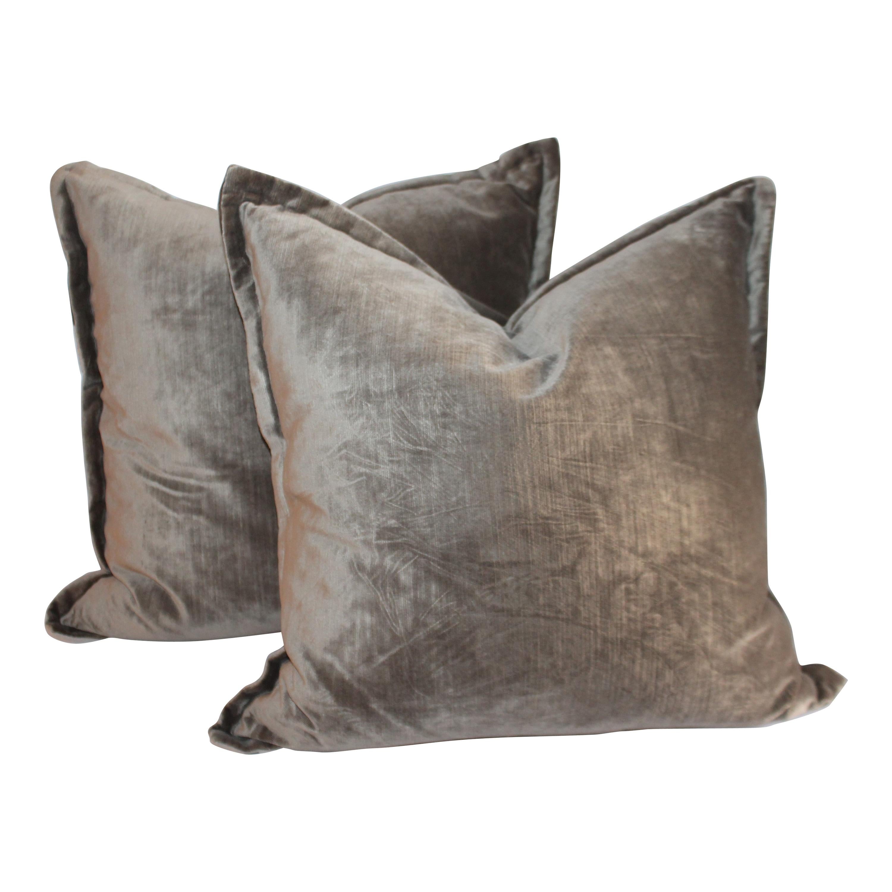 Sage Green / Grey Silk Velvet Pillows, Pair