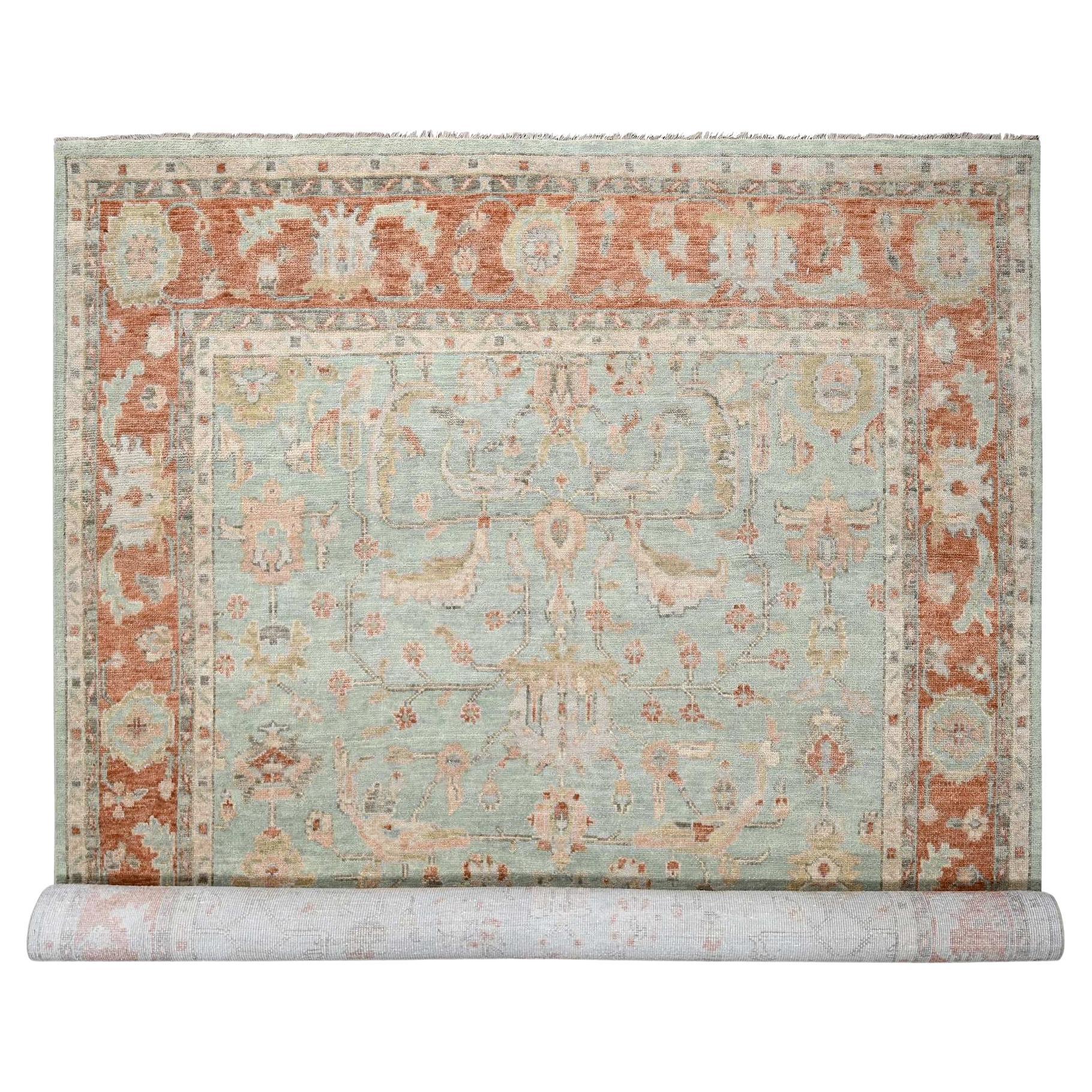 Sage Green Hand Knotted Oushak Design Pure Wool Oriental Rug 11'10" x 14'8"