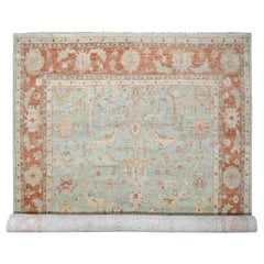 Sage Green Hand Knotted Oushak Design Pure Wool Oriental Rug 11'10" x 14'8"