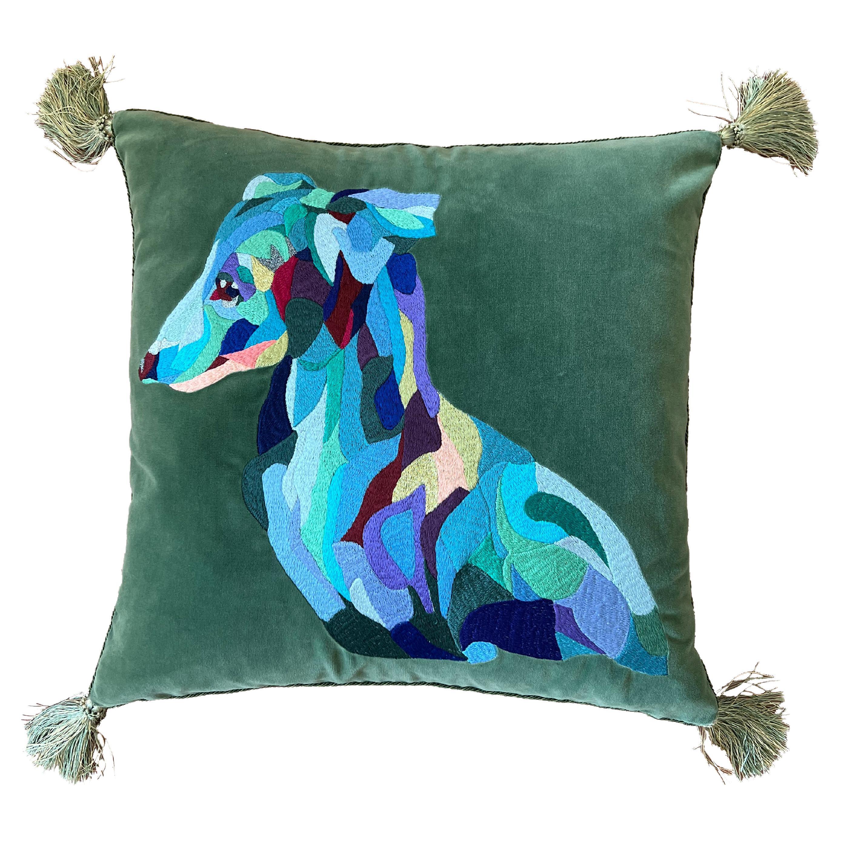 Sage Green Italian Greyhound Embroidered Accent Pillow For Sale