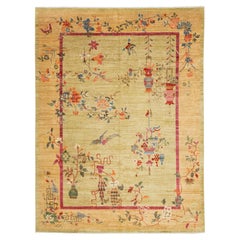 Sage Green Modern Chinese Style Wool Area Rug – Hand-Knotted Chinoiserie Floral