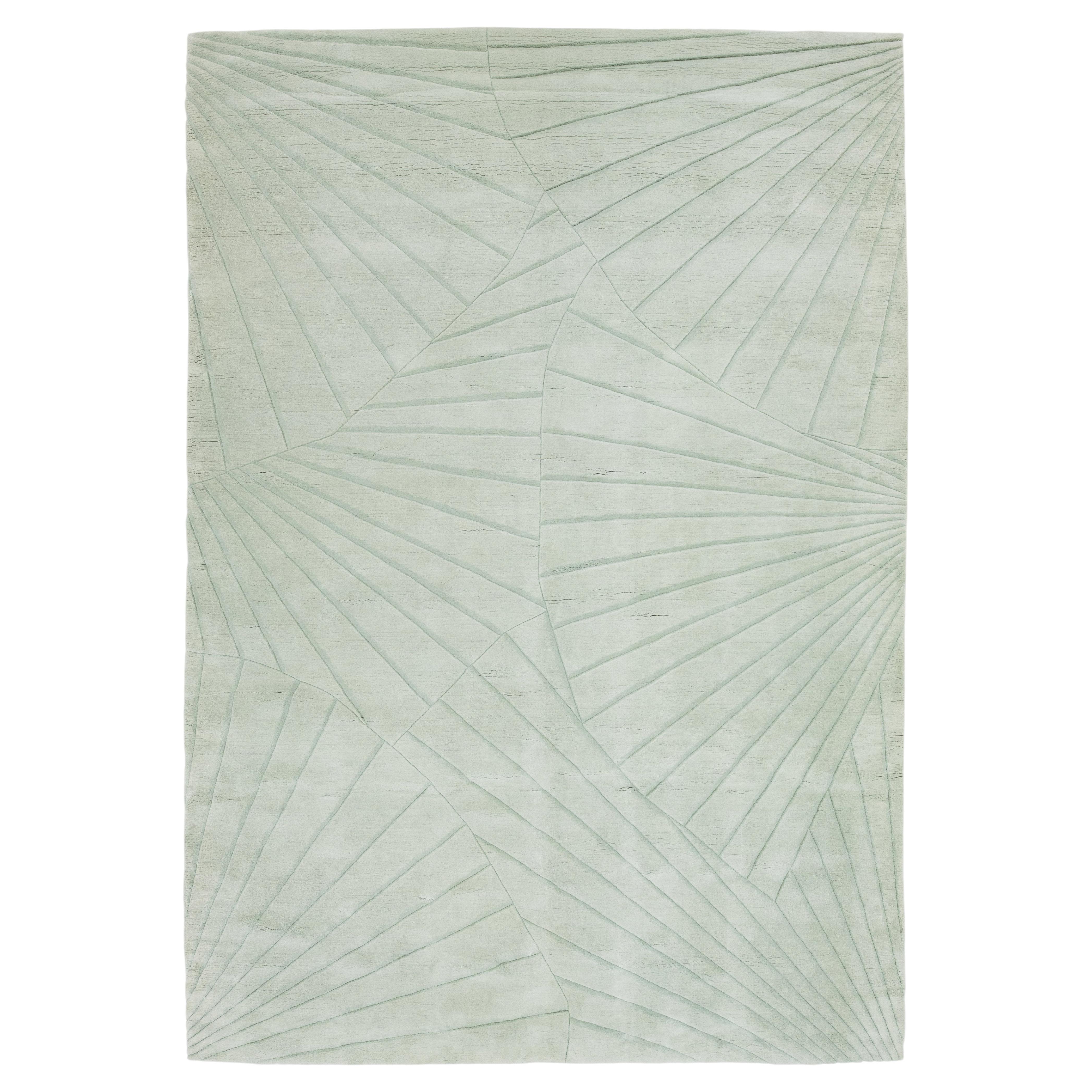 Sage Green Modern Geometric Hand-Loomed Wool Area Rug – Art Deco Fan Motif