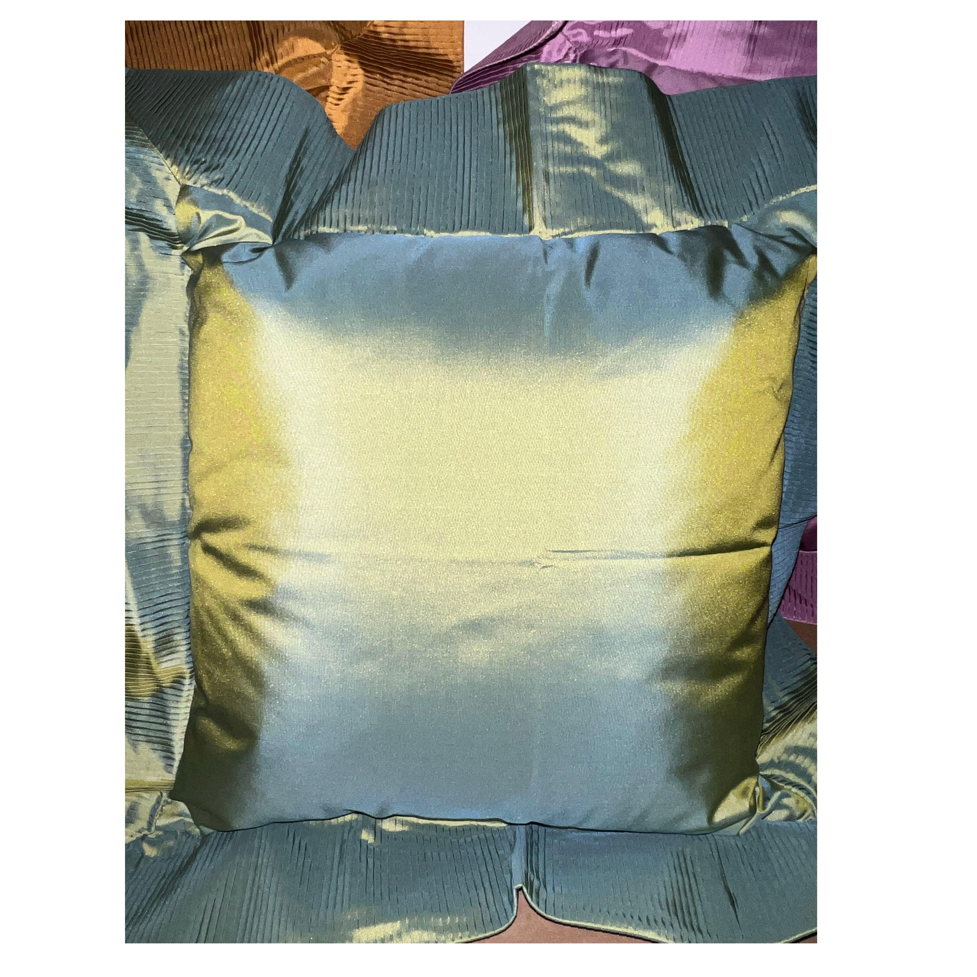 20th Century Sage Green Origami Pleated Silk Taffeta Crystal Pleat Decorative Pillow Sham For Sale