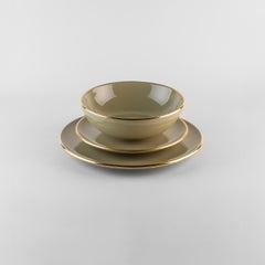 Sage green plates gold rim: Soup, holder, side plate for 4 Handmade Italy 2024