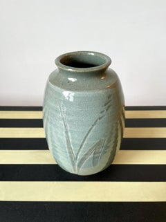 Sage Green Mid-Century Modern Ceramic Vase, 1950s Floral Decor