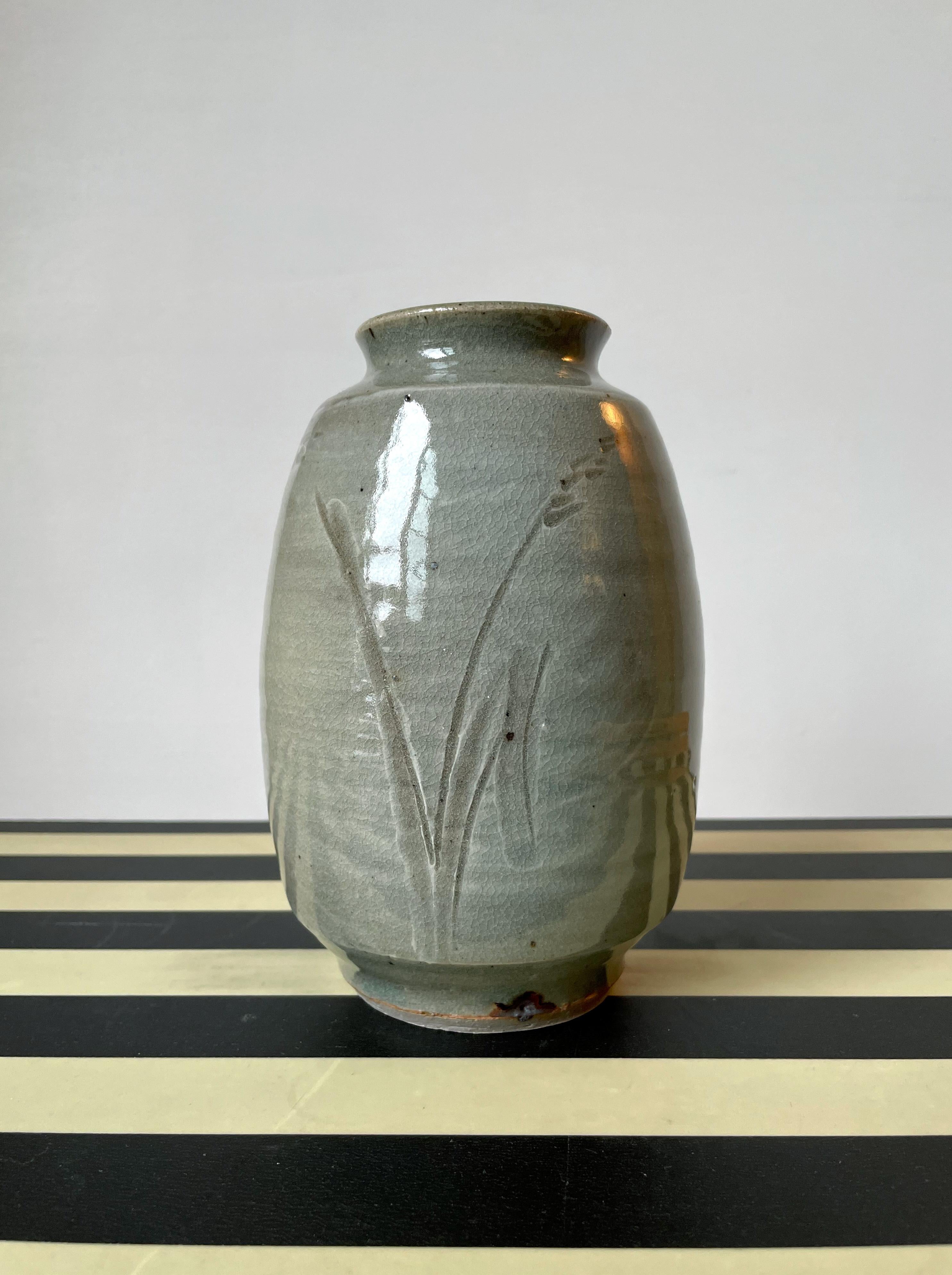 Mid-Century Modern Sage Green Shiny Glazed Floral Incised Vase, 1950s For Sale