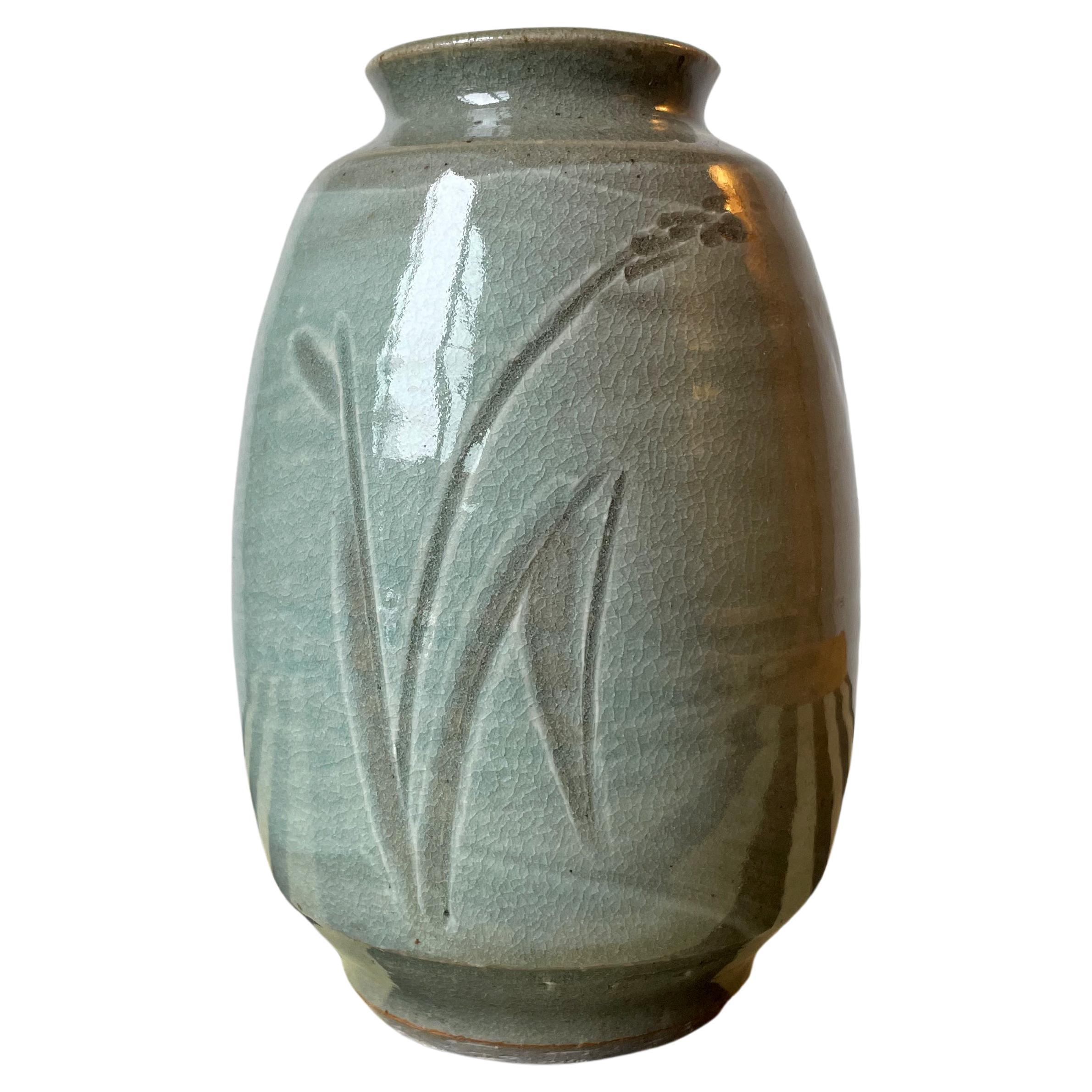 Heavy Sage Green Shiny Glazed Vase with Floral Incised Decor, 1950s For  Sale at 1stDibs