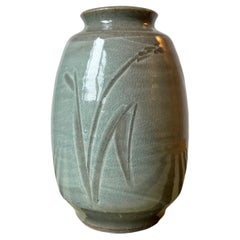 Vintage Sage Green Shiny Glazed Floral Incised Vase, 1950s