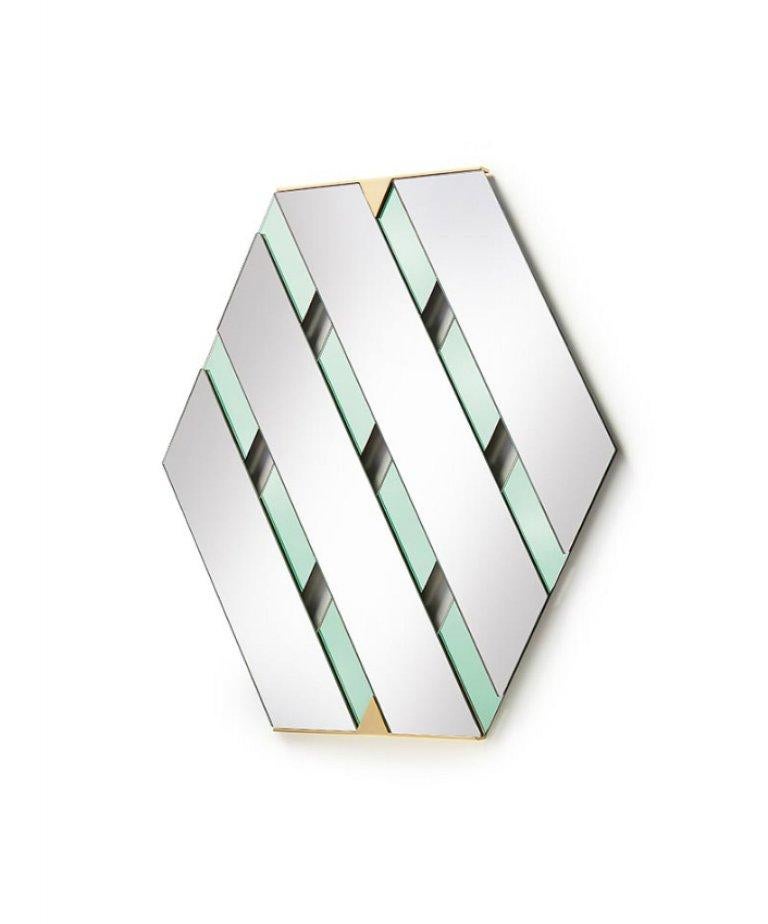 Sage green tresse mirror by Mason Editions.
Dimensions: 67.3cm × 3cm × 77.2 cm
Materials: Glass
Colours: pink, sage green, smoke grey

Diagonal bands of reflecting surface, which overlap in an elegant optical effect with as many bands of