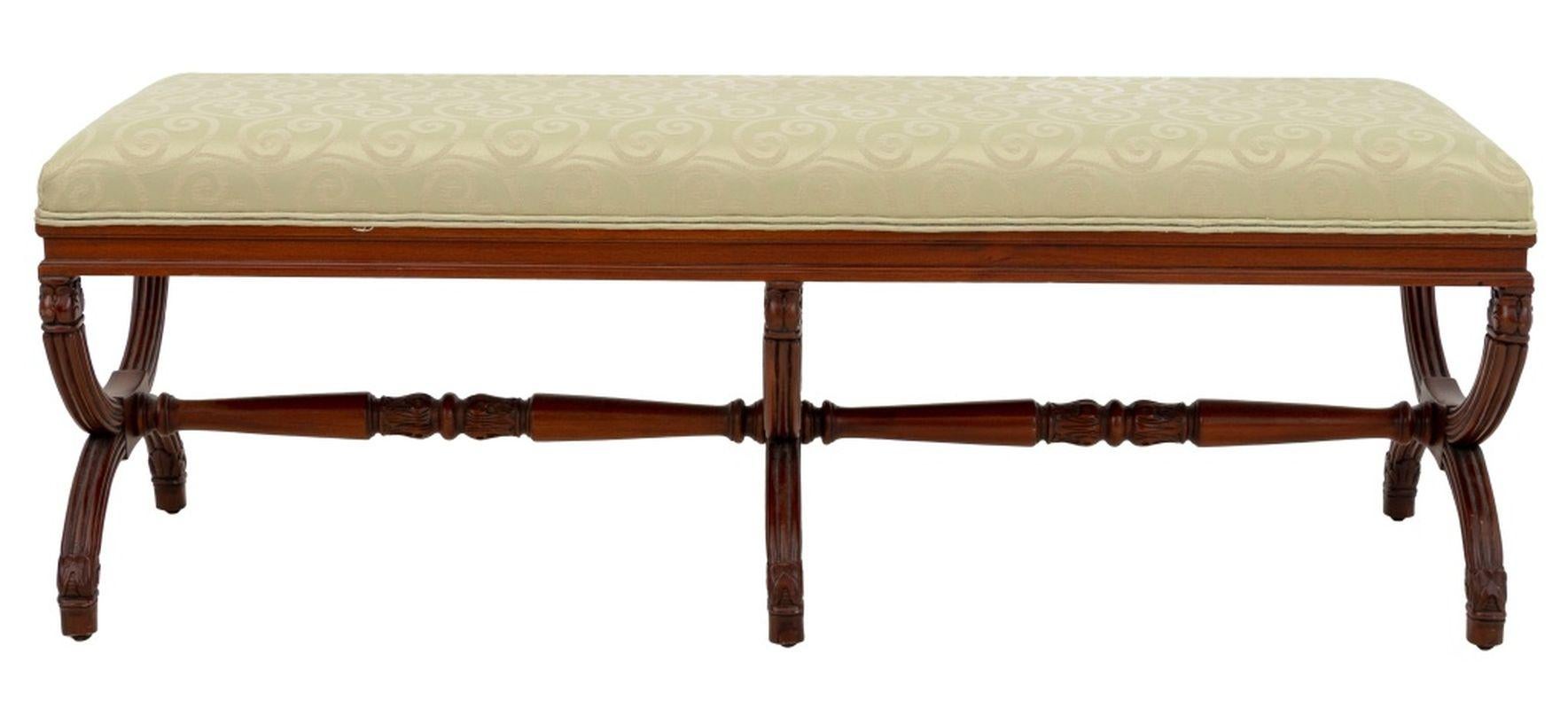 Sage Green Upholstered Curule Bench In Good Condition For Sale In Astoria, NY