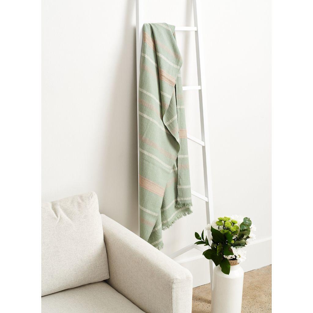 Sage Handloom King Size Bedspread in Organic Cotton in Pastel Green Cream Shades 3