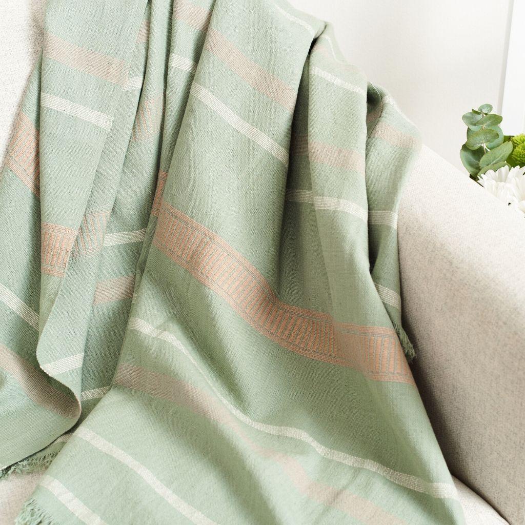 Sage Handloom King Size Bedspread in Organic Cotton in Pastel Green Cream Shades For Sale 4