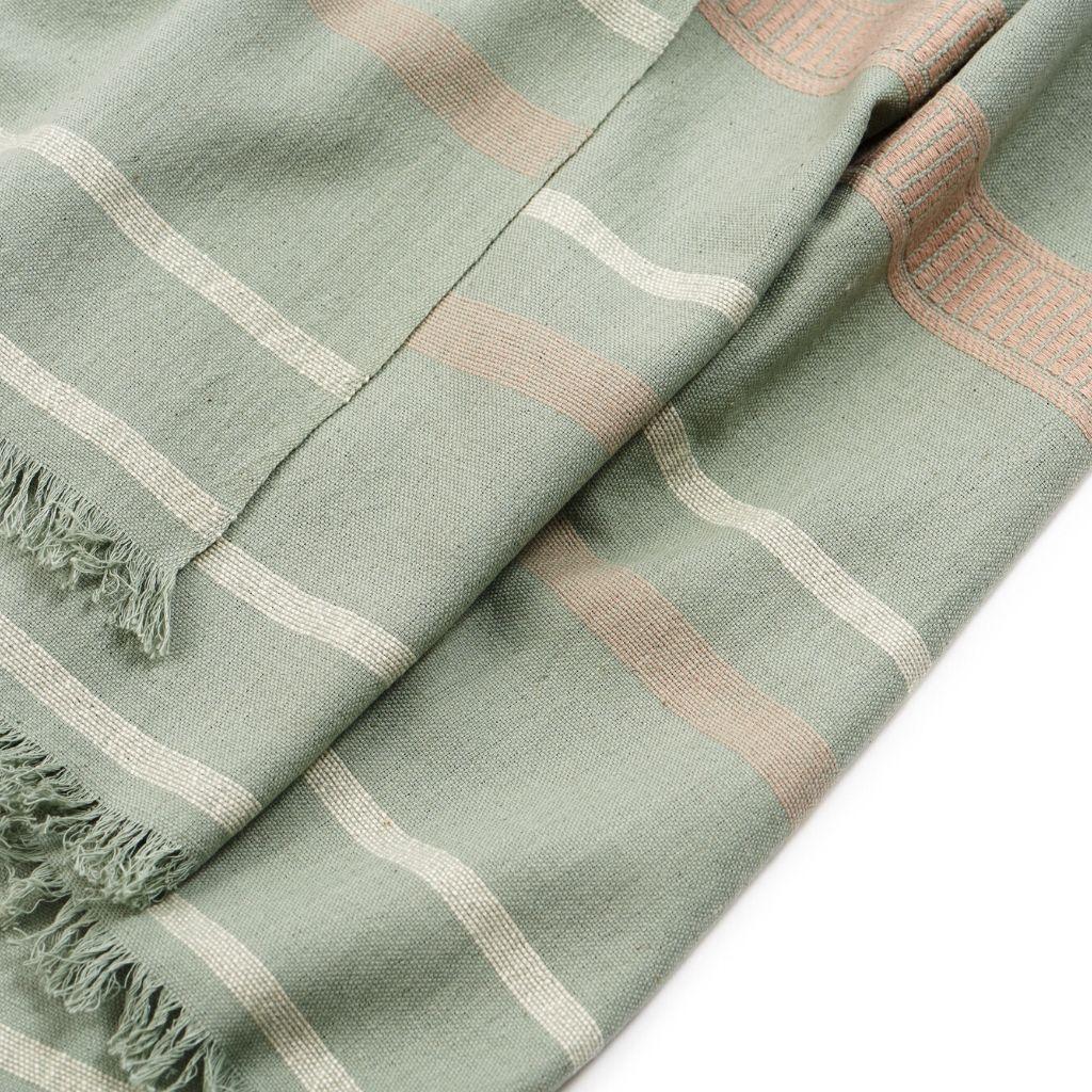 Sage Handloom King Size Bedspread in Organic Cotton in Pastel Green Cream Shades For Sale 5