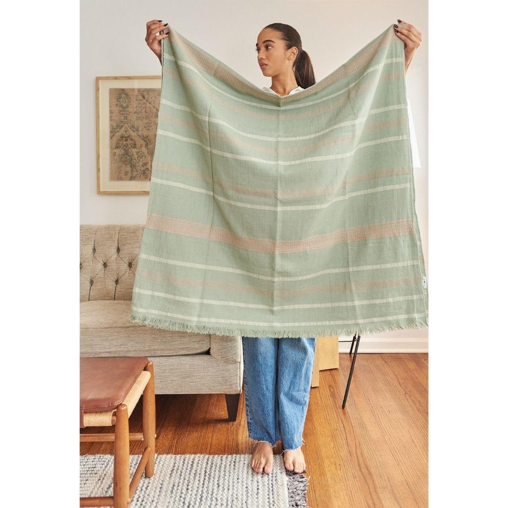 Contemporary Sage Handloom King Size Bedspread in Organic Cotton in Pastel Green Cream Shades For Sale