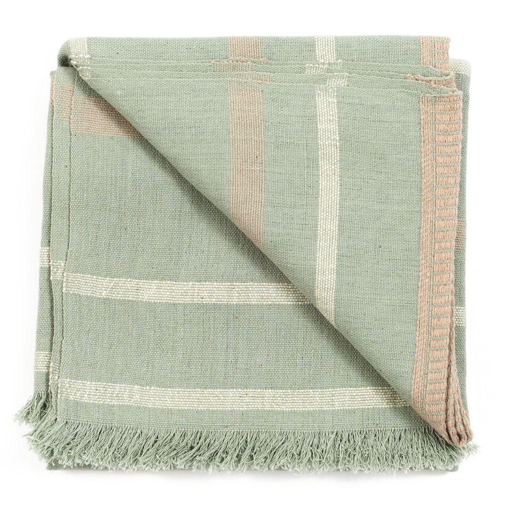 Sage Handloom King Size Bedspread in Organic Cotton in Pastel Green Cream Shades For Sale 1