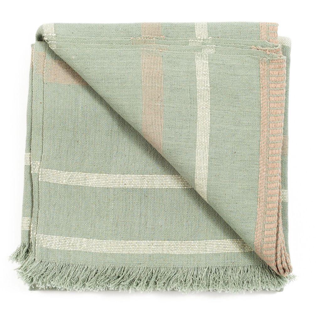 Sage Handloom King Size Bedspread in Organic Cotton in Pastel Green Cream Shades 1