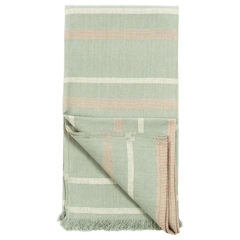 Sage Handloom King Size Bedspread in Organic Cotton in Pastel Green Cream Shades For Sale