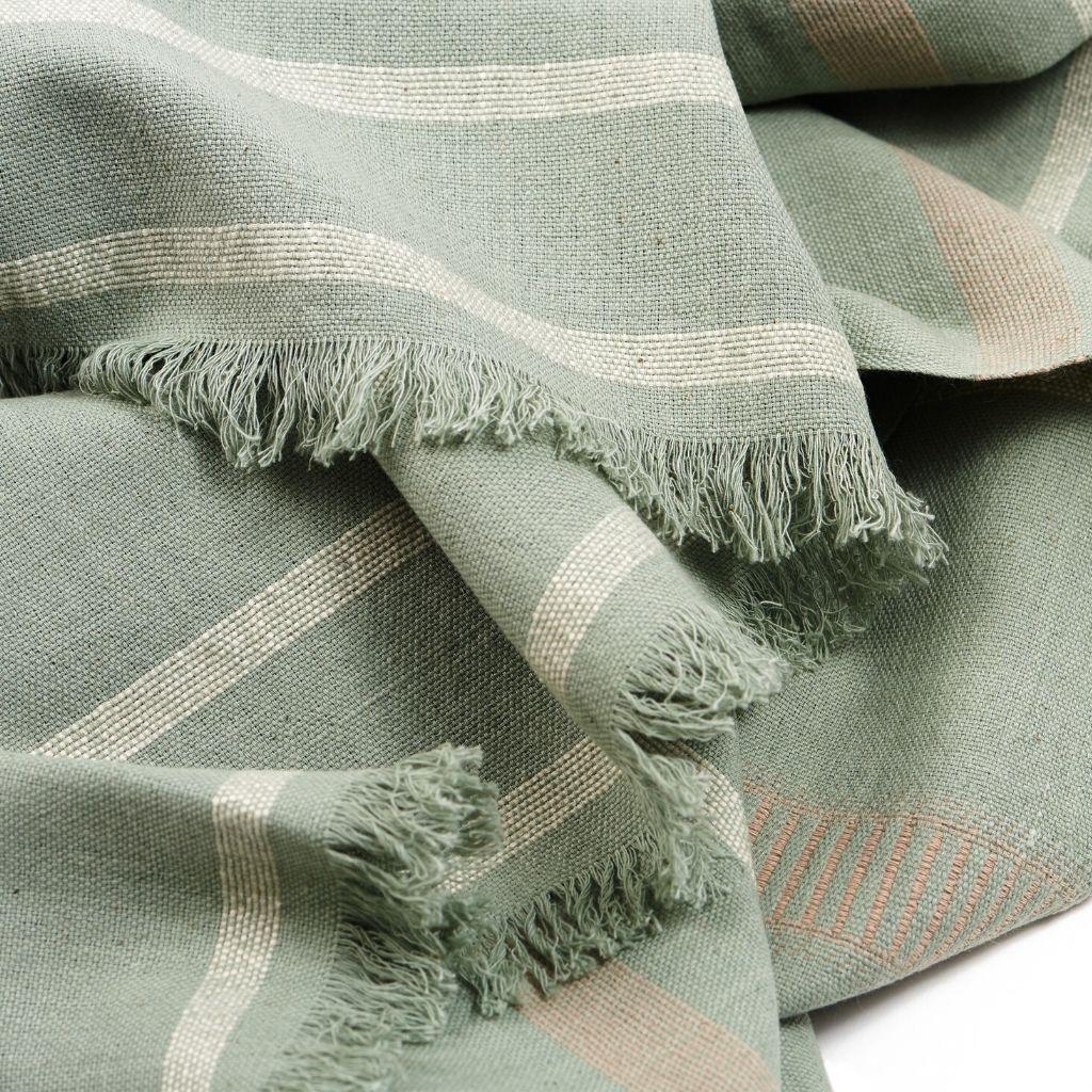 Contemporary Sage Handloom Throw In Organic Cotton In Pastel Green Cream Shades For Sale