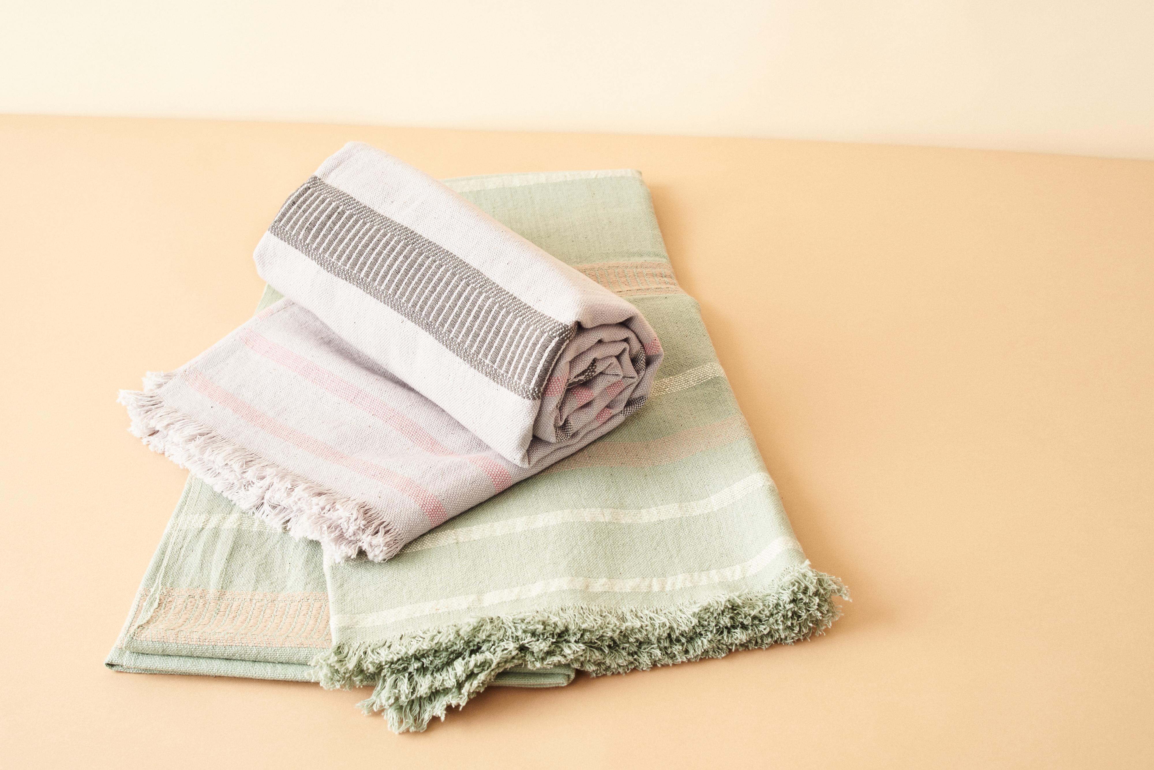 Sage Handloom Throw In Organic Cotton In Pastel Green Cream Shades For Sale 6