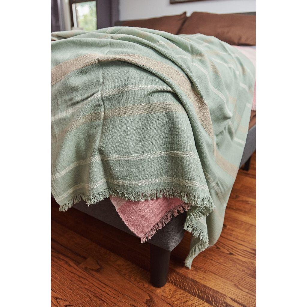 Yarn Sage Handloom Throw In Organic Cotton In Pastel Green Cream Shades For Sale