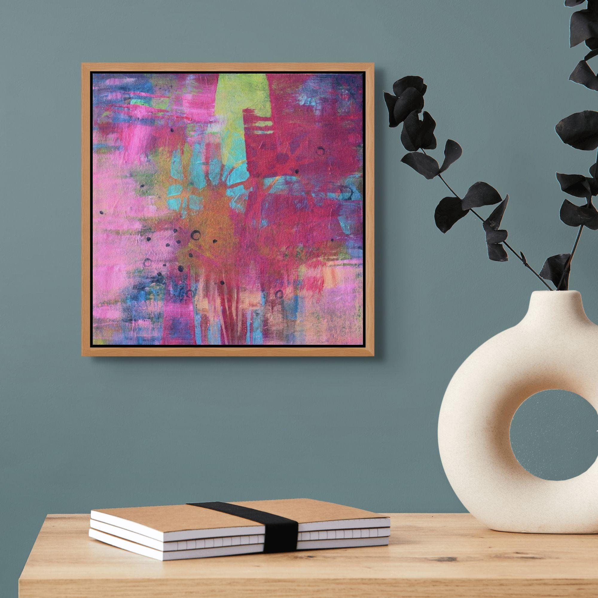 Running in the Woods, Painting, Acrylic on Canvas - Pink Abstract Painting by Sage Mountain