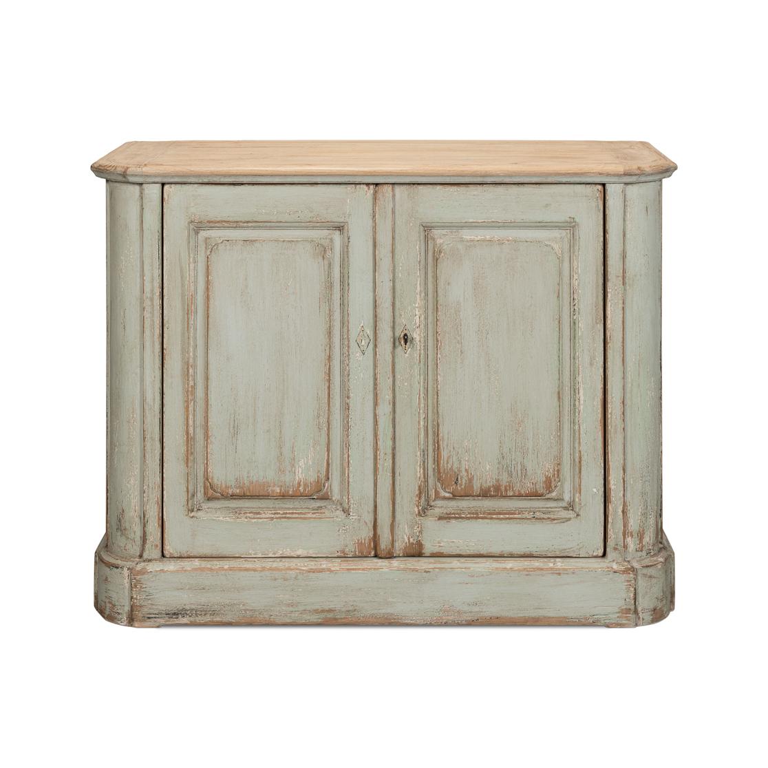 Reminiscent of a storied European past, this exquisite piece is crafted from reclaimed pine, it showcases a graceful antiqued sage-painted base and a natural finished wood top, lending it a serene country style with rustic elegance.

Perfectly sized