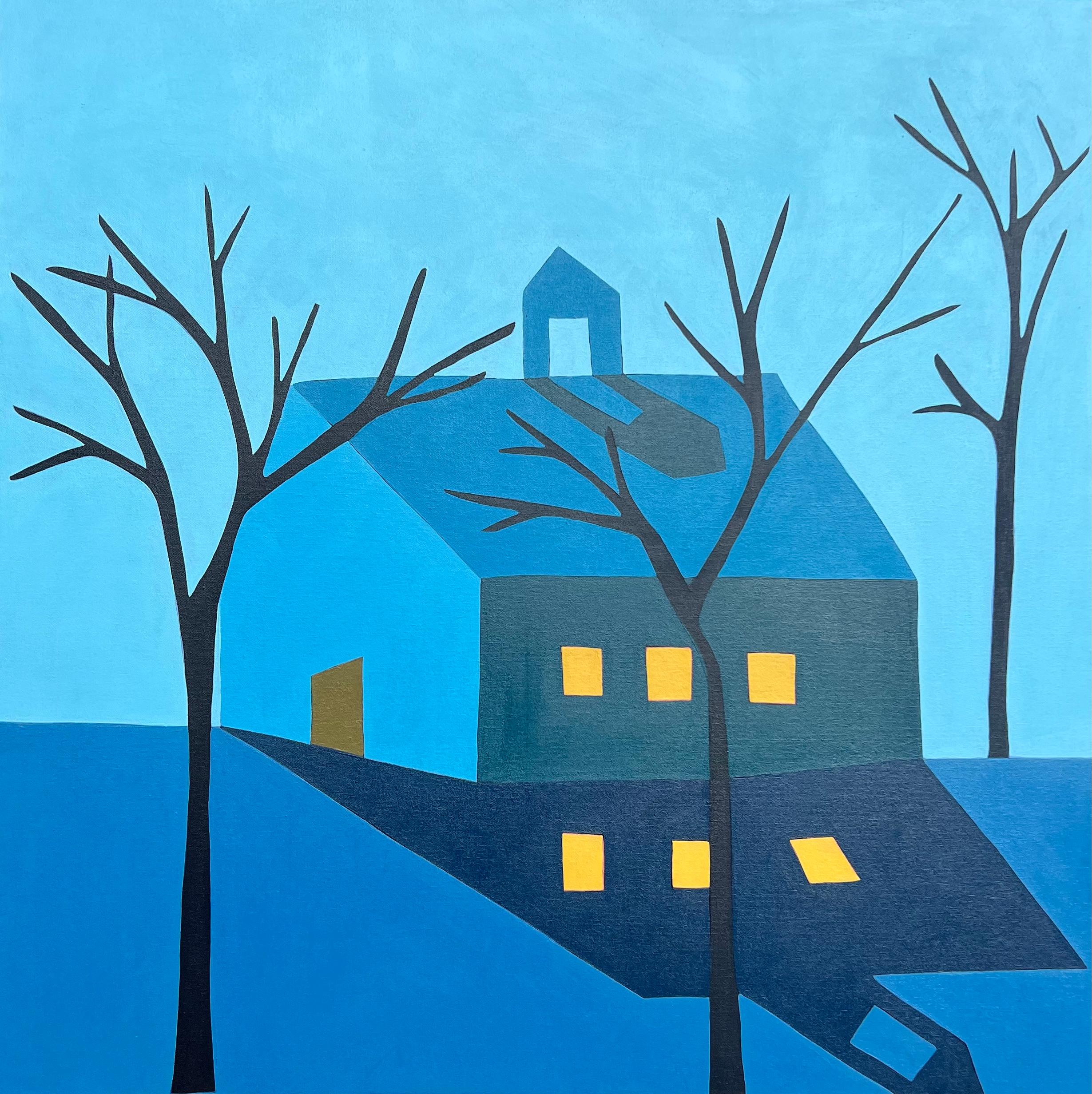 Sage Tucker-Ketcham Landscape Painting - "Big Blue Barn at Dusk w/ Lights on, In The Forest" contemporary oil painting
