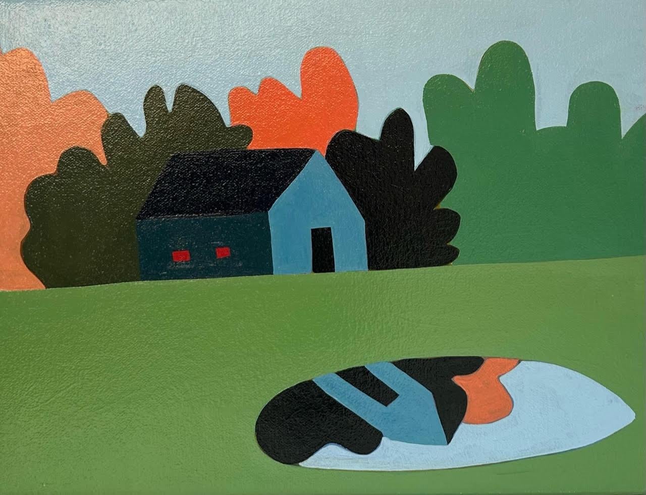 Sage Tucker-Ketcham Landscape Painting - "Blue House with Puddle" contemporary small scale oil painting, orange, green