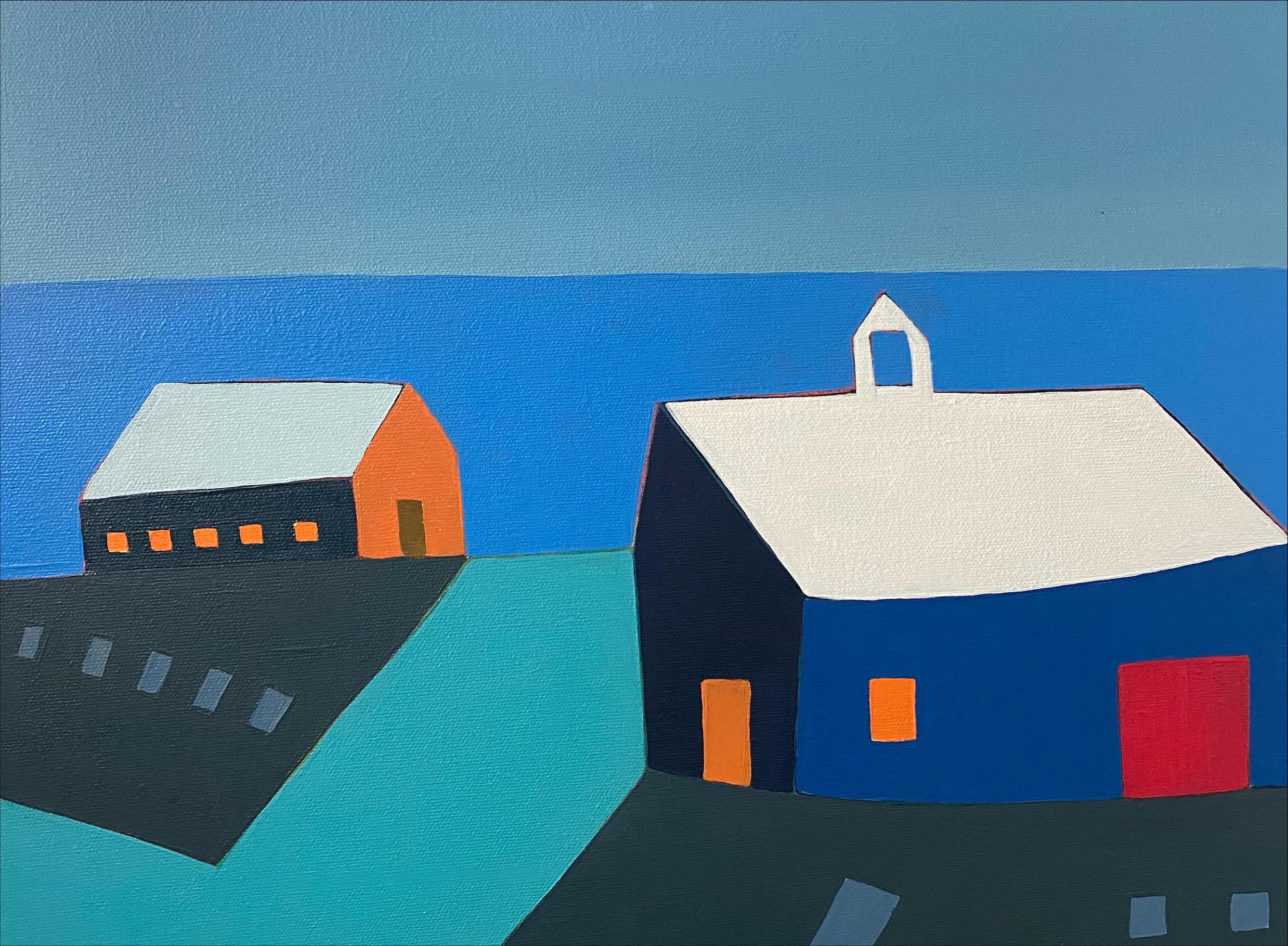 Sage Tucker-Ketcham - "Orange Barn and Blue Barn on Beach" colorful  geometric landscape oil painting For Sale at 1stDibs