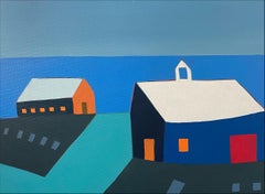"Orange Barn and Blue Barn on Beach" colorful geometric landscape oil painting