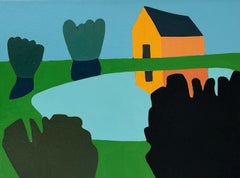 "Orange House on Pond" contemporary oil painting of house reflecting in water