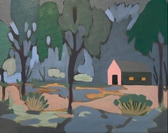 "Pink Barn in Woods with Puddle" Oil Painting of Pink Barn in brown/green woods.