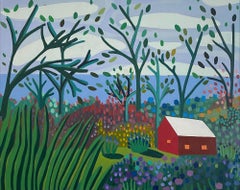 "Red Barn with Tall House and Trees" colorful stylized oil painting