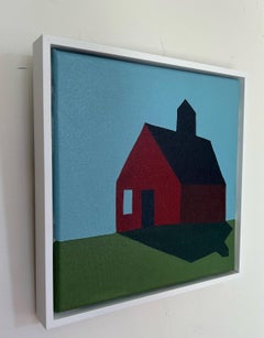 "Red Vacant Barn with Widows Peak" contemporary oil painting of barn, blue sky