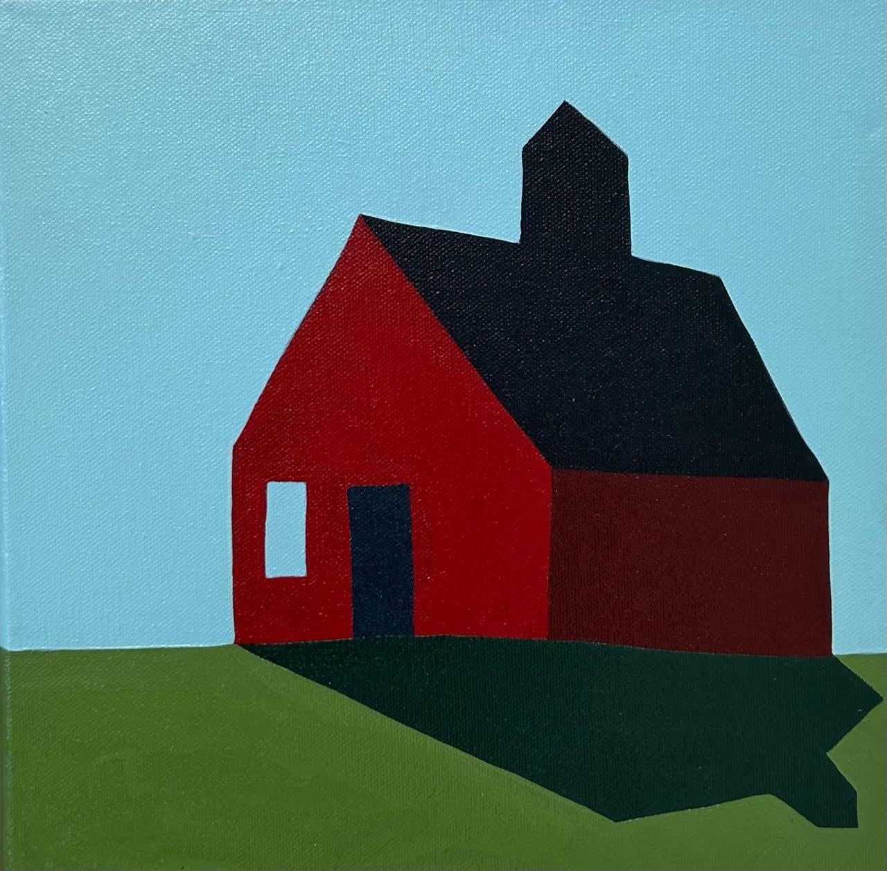 Sage Tucker-Ketcham Landscape Painting - "Red Vacant Barn with Widows Peak" contemporary oil painting of barn, blue sky