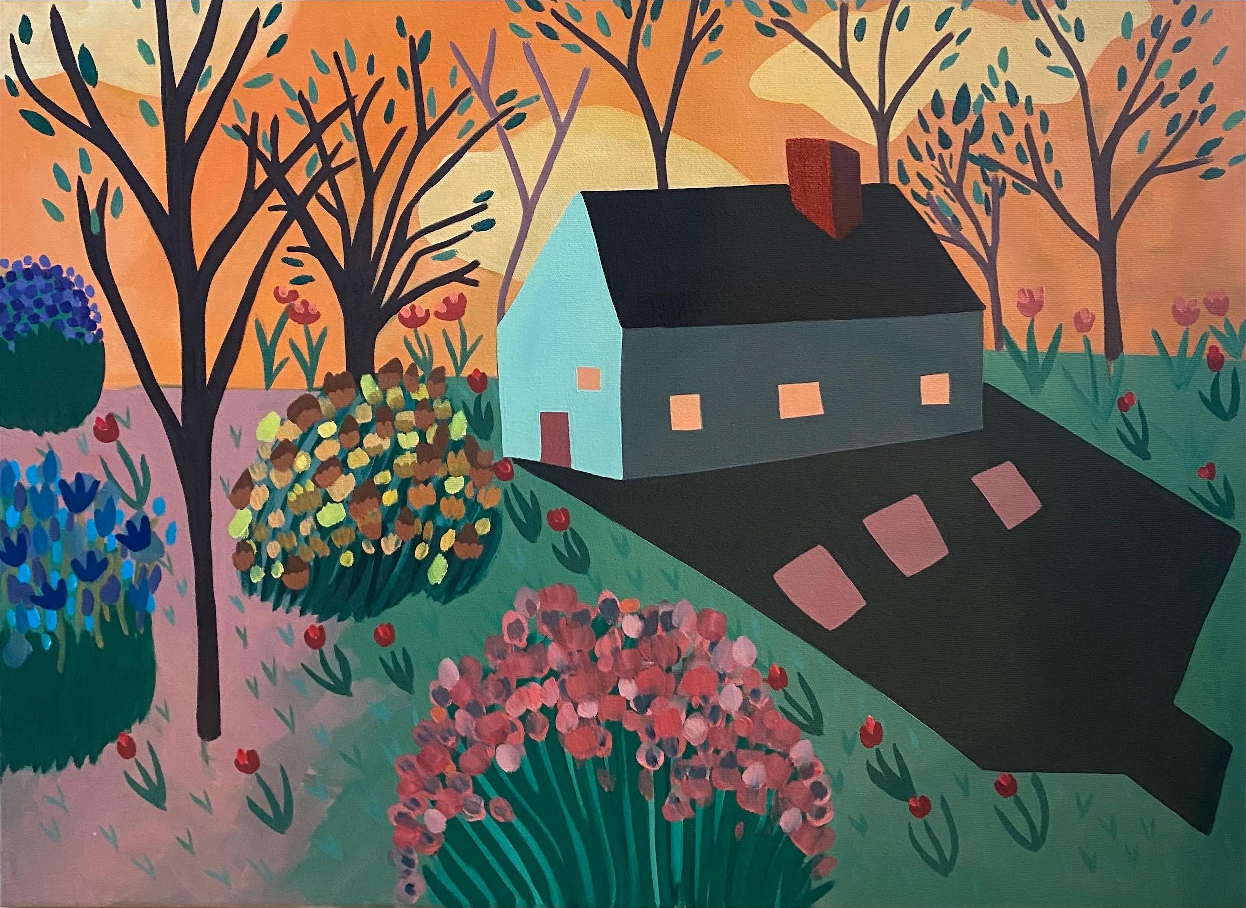 Landscape Painting Sage Tucker-Ketcham - « coucher de soleil avec maison, nuages et fleurs », peinture à l
huile stylisée colorée