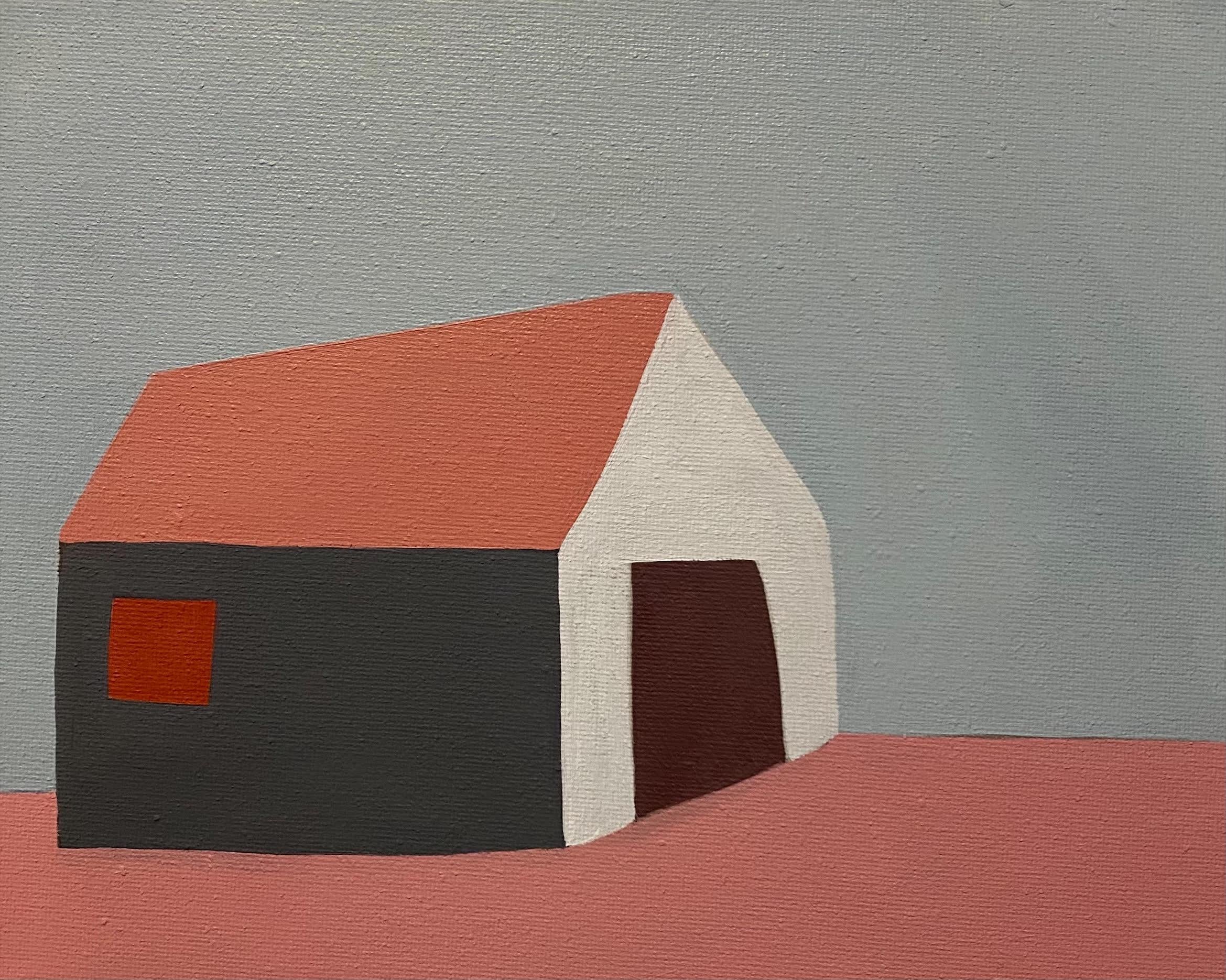Sage Tucker-Ketcham Figurative Painting - "White and Gray Shed on Beach" Pink and Dark Gray shed atop a salmon toned beach