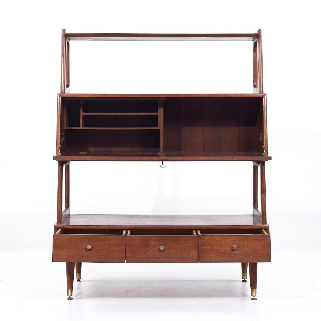 Brass Saginaw Furniture Mid Century Walnut Bookcase Secretary Desk For Sale