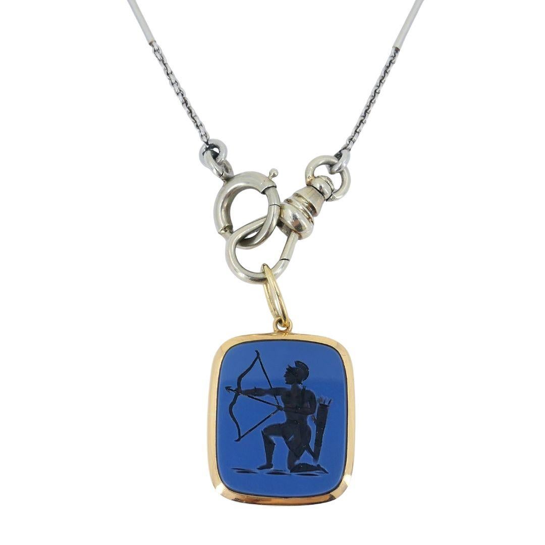 Collana astrologica Sagittario in oro 14k, platino e onice con catena a orologio in vendita 2