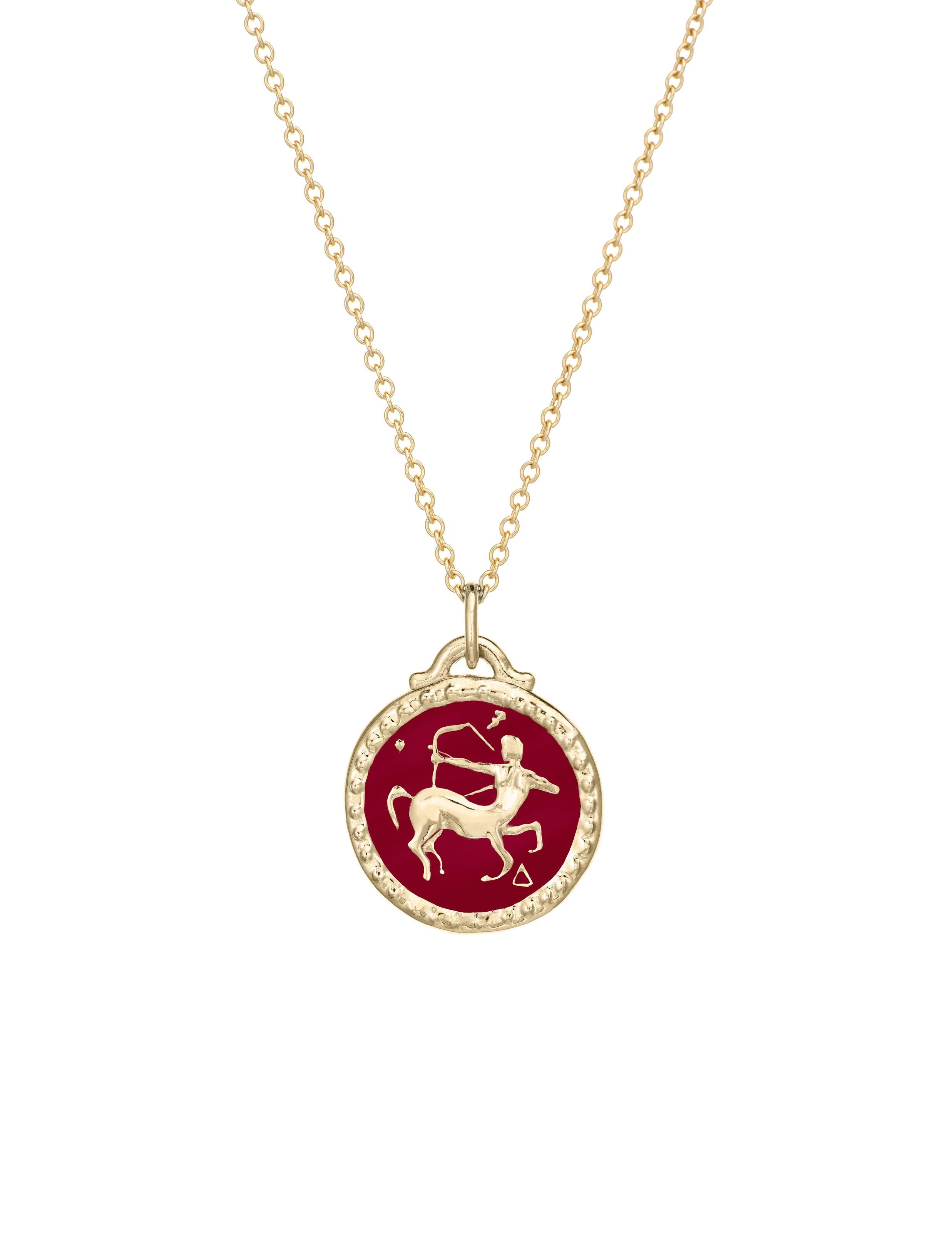 Part of our new Zodiac collection. The Sagittarius Pendant features a centaur on one side and the Sagittarius symbol on the other. Designs are meticulously hand-carved into 14k gold and finished with enamel. This pendant is customizable and