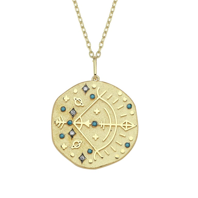 Sagittarius Zodiac Charm Necklace, Lucky Stone Diamond and Turquoise 14K  Gold For Sale at 1stDibs | sagittarius stone, saggitarius stone, 14k gold  zodiac pendants