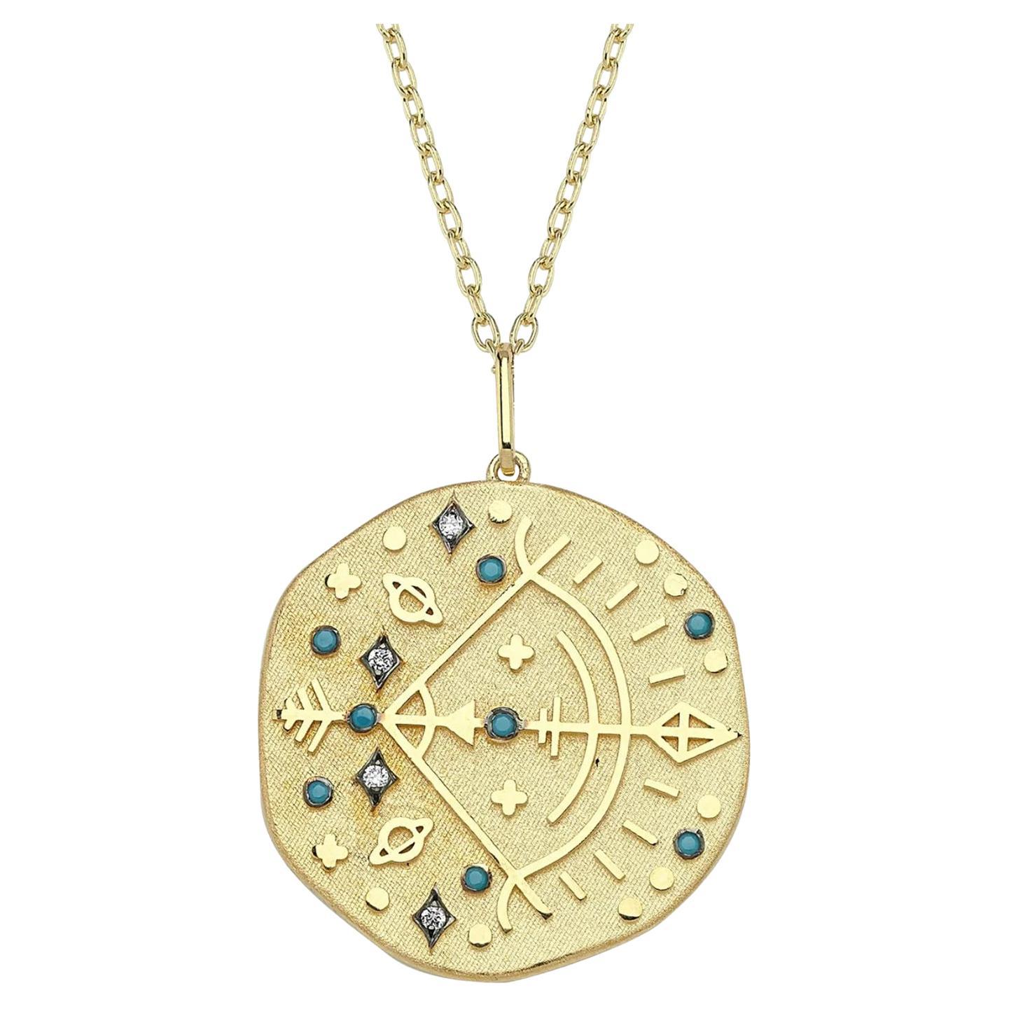 Sagittarius Zodiac Charm Necklace, Lucky Stone Diamond and Turquoise 14K Gold For Sale