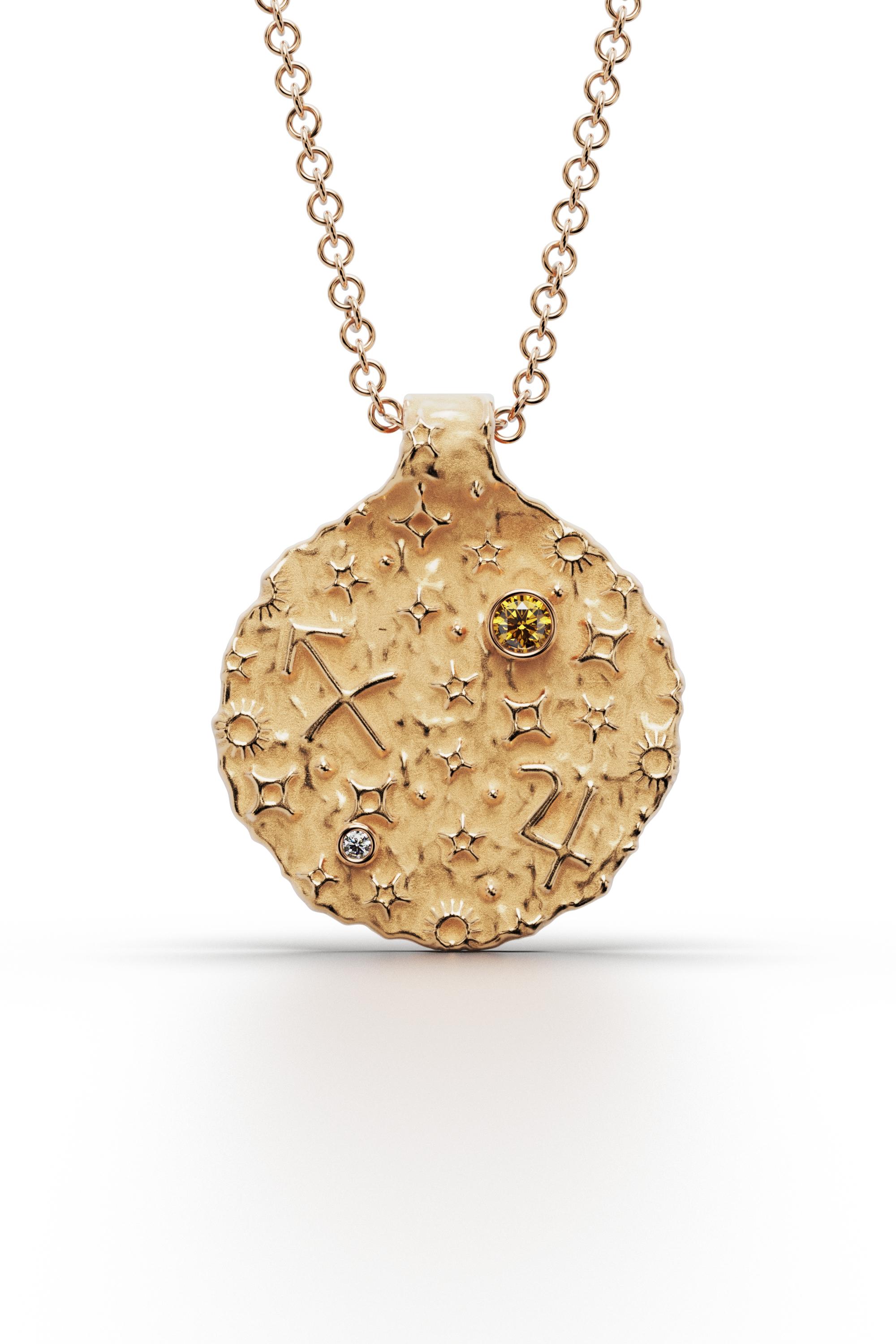 Contemporary Sagittarius Zodiac Pendant 14K Solid Gold  Astrology Necklace Oltremare Gioielli For Sale