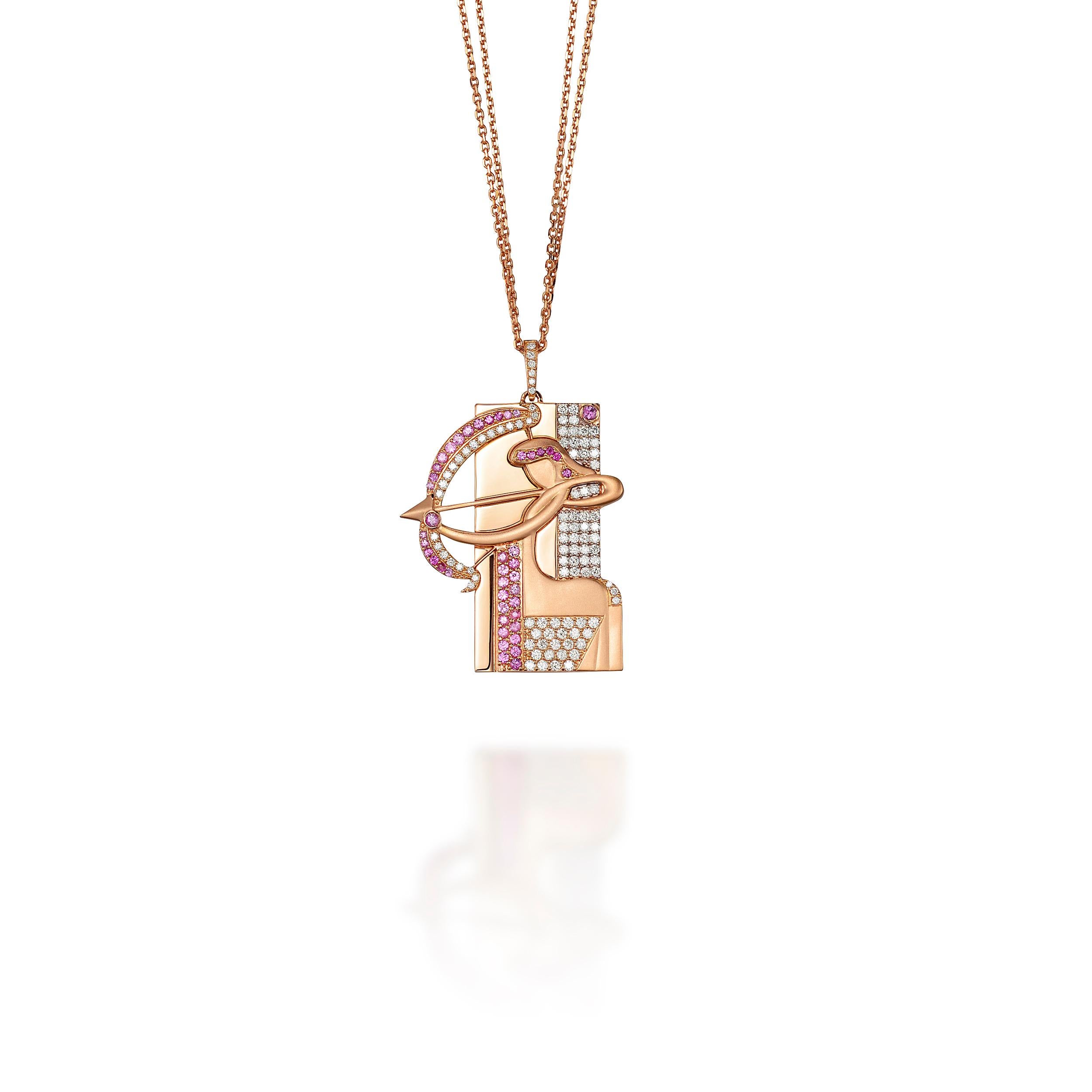 Colgante Sagitario Colgante de signo zodiacal Sagitario Oro de 18 ct 1,14 ct de diamantes 0,81 ct de zafiros rosas:
Aventurero desenfadado, directo y siempre necesitado de estímulos intelectuales. Atraídos por la diversidad del mundo y motivados por
