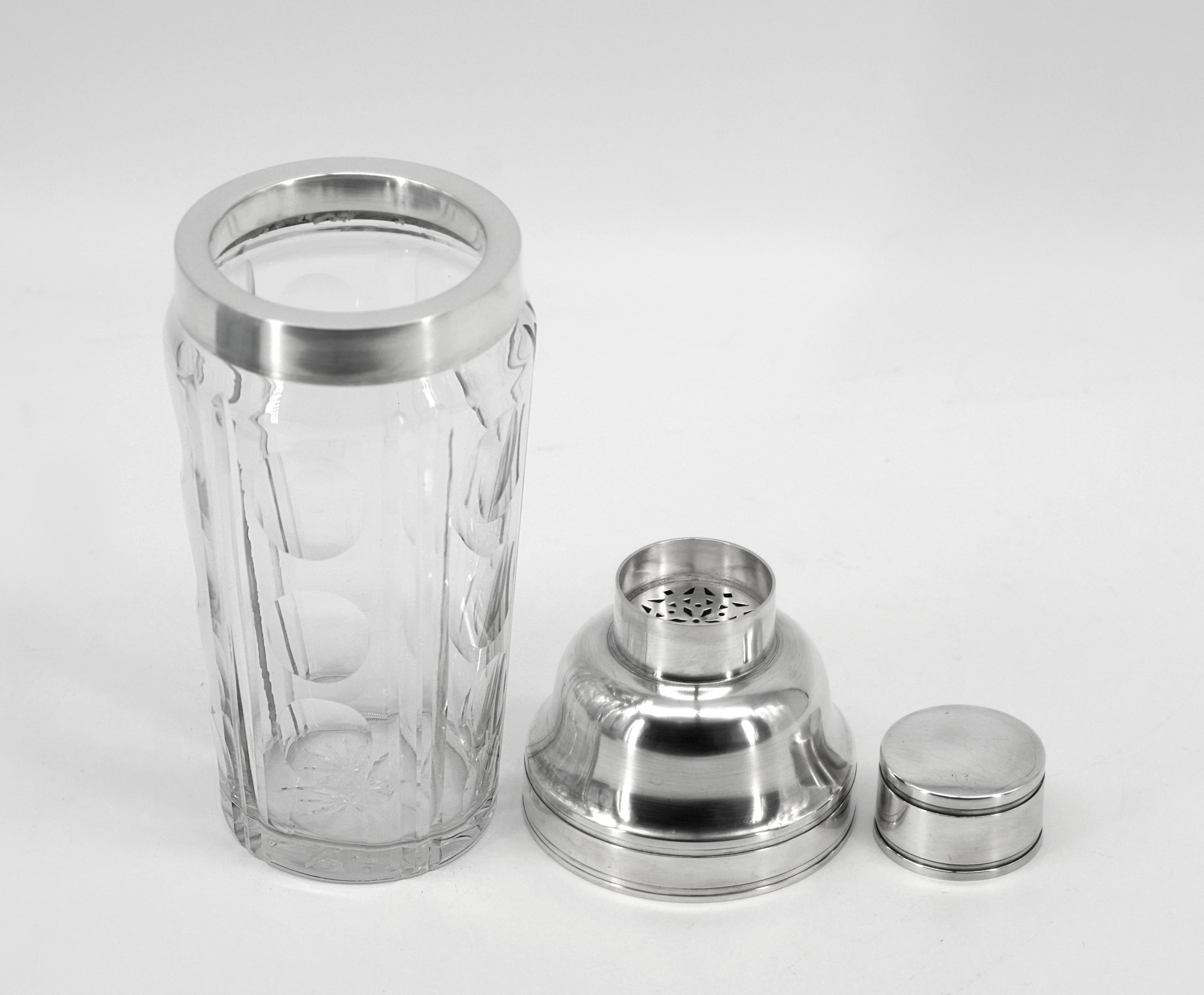 French SAGLIER Freres & BACCARAT Art Deco Silverplate & Crystal Cobbler Shaker, 1920 For Sale