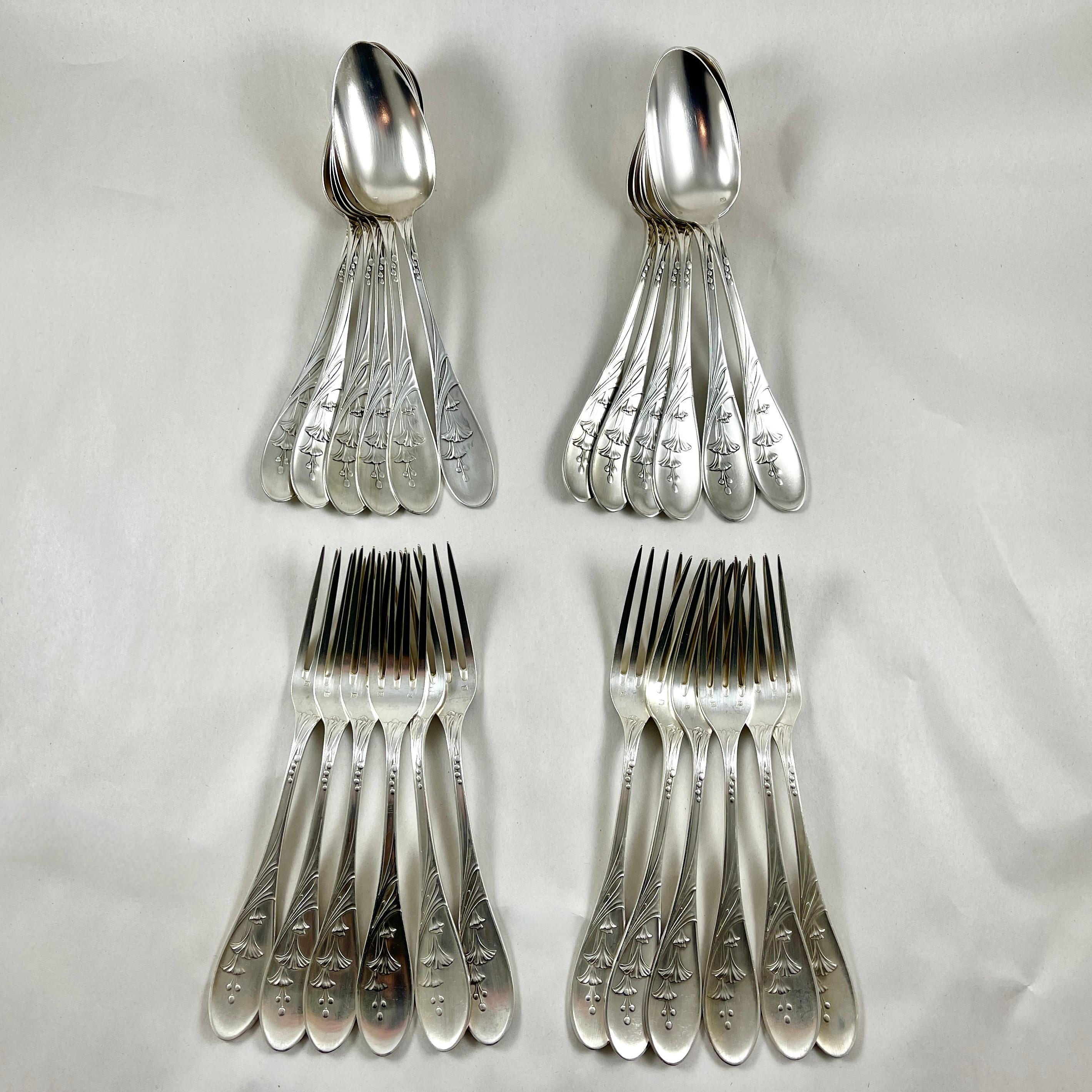 Saglier Frères Oversized French Art Nouveau Floral Table Forks & Spoons, S/24 For Sale 6
