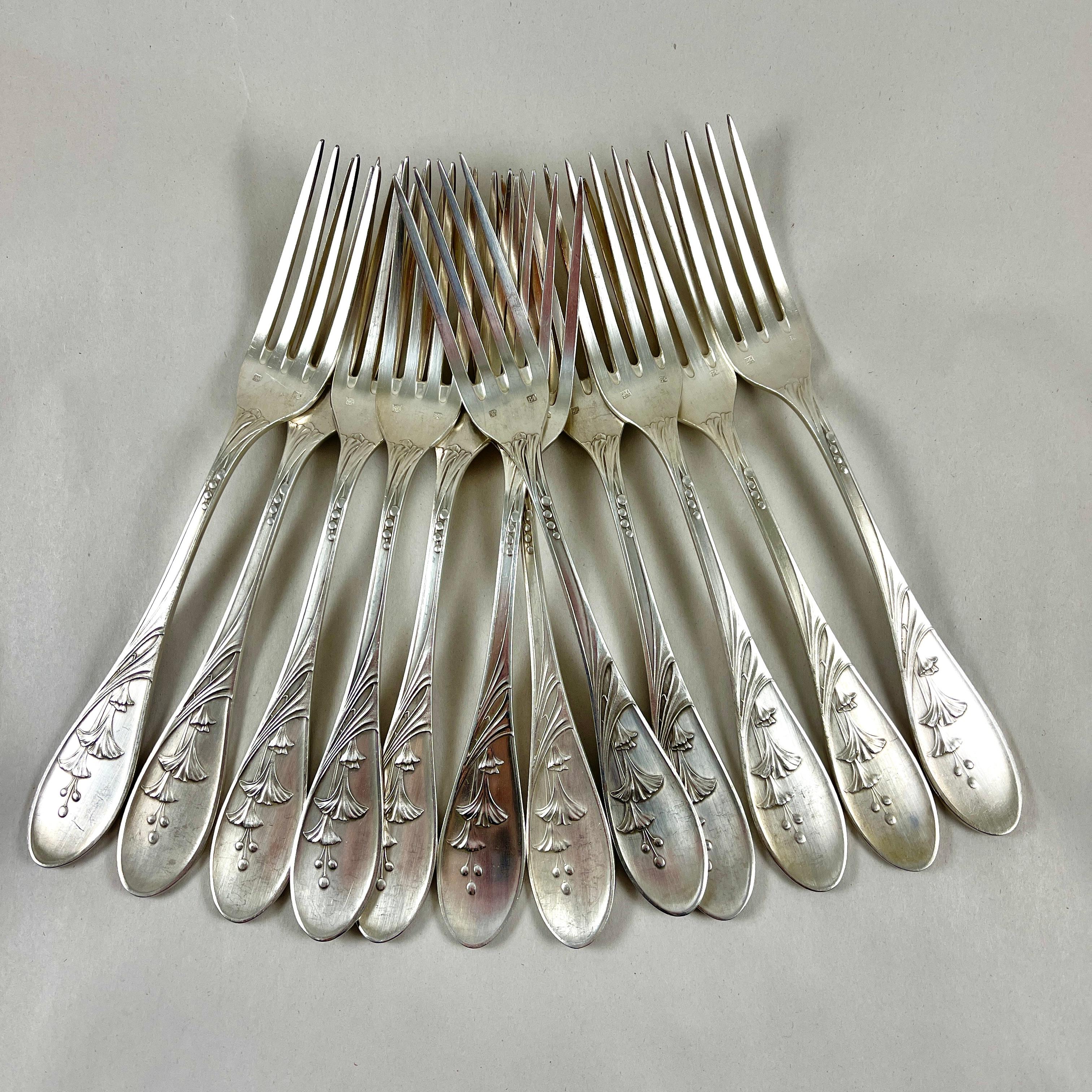 Early 20th Century Saglier Frères Oversized French Art Nouveau Floral Table Forks & Spoons, S/24 For Sale