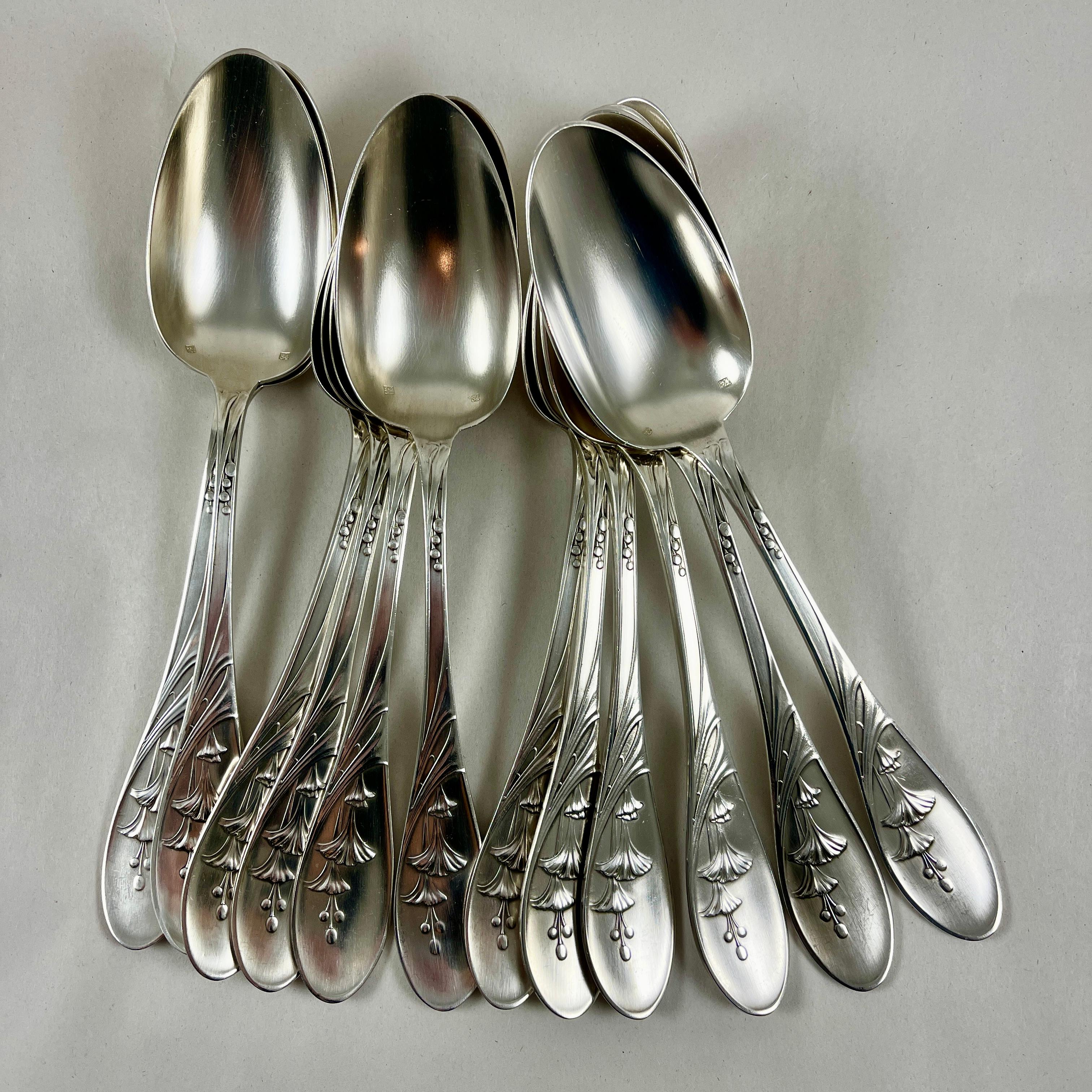 Silver Plate Saglier Frères Oversized French Art Nouveau Floral Table Forks & Spoons, S/24 For Sale
