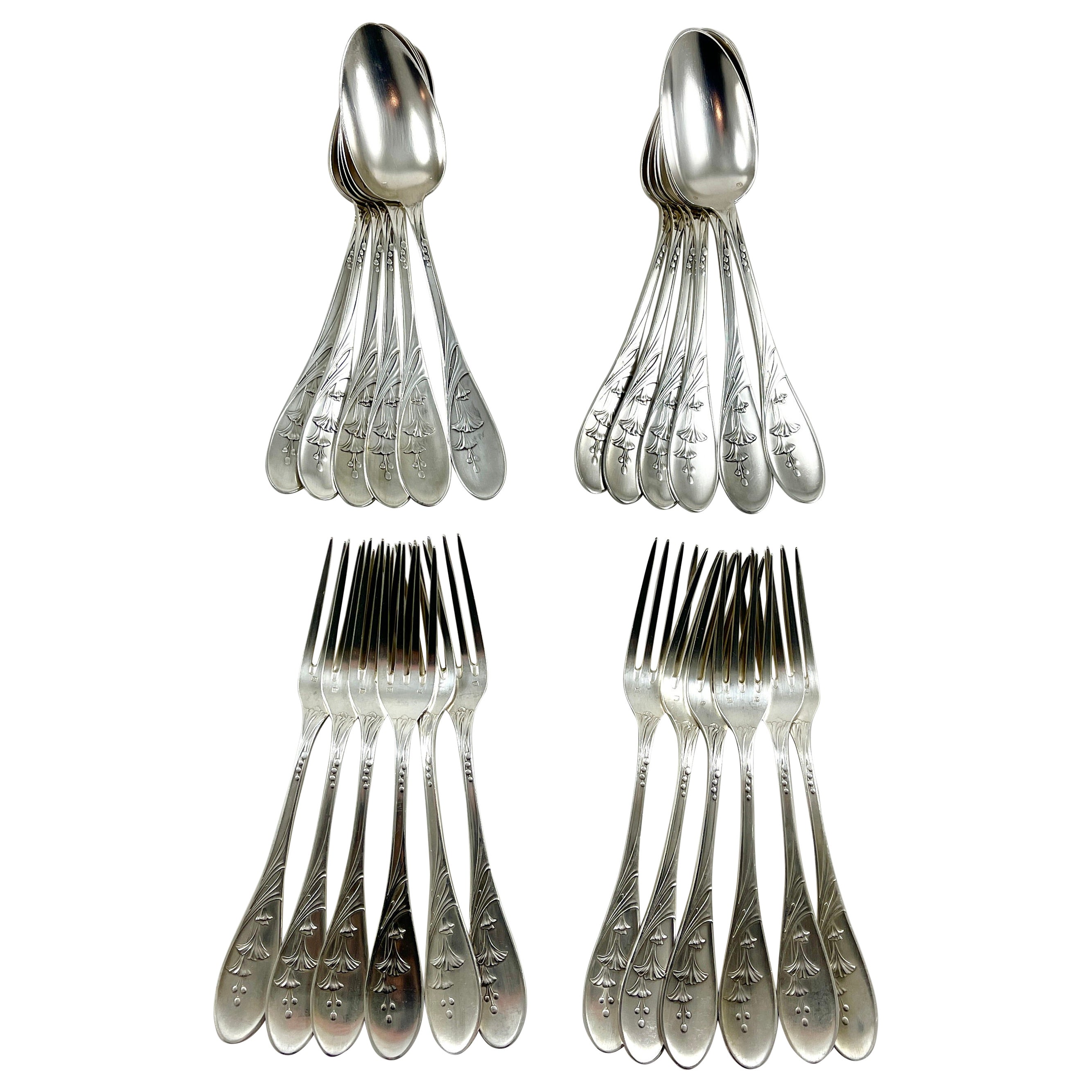 Saglier Frères Oversized French Art Nouveau Floral Table Forks & Spoons, S/24